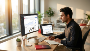 A young professional sits at a modern wooden desk in a bright, contemporary office, concentrating on digital marketing analytics displayed across two screens. A large desktop monitor and an open laptop both show a social media analytics dashboard with performance graphs, engagement metrics, audience insights, and content previews. The individual is holding a pen and taking notes in an open notebook, suggesting active analysis and strategic planning. The workspace is neat and organized, featuring a wireless keyboard, mouse, coffee mug, sticky notes, a small potted succulent, stationery, and a closed red notebook. Floor-to-ceiling windows on the left flood the room with warm natural sunlight, creating a calm and productive atmosphere. The background includes indoor plants, modern lounge seating, and minimalist office décor, reinforcing a professional yet comfortable work environment focused on data-driven marketing, social media management, and business growth.