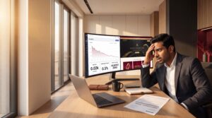 A business owner in a modern office looks stressed while reviewing website analytics on two large monitors. One screen displays a sharp decline in website traffic, only 0.02K visitors, a 0.5% engagement rate, and almost zero traffic sources, while the other shows a luxury e-commerce website. A laptop, notebook, coffee mug, and invoice sit on the desk, illustrating the financial consequences of poor SEO, low organic traffic, and ineffective website optimization.